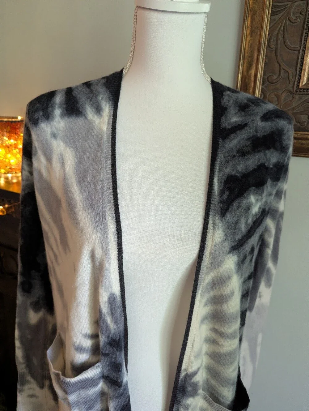 BRODIE CASHMERE Women's Small Long Duster Cardigan Jacket Tie Dye Gray White